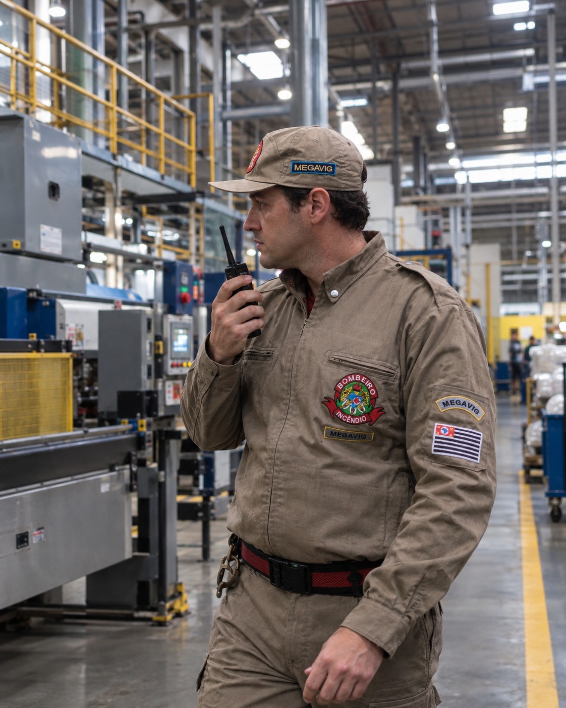 Planta industrial com equipe de segurança da Megavig em operação