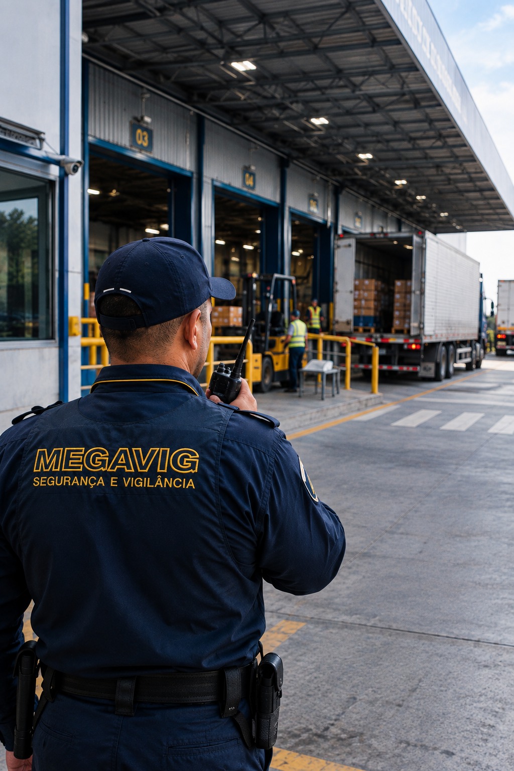 Área de estoque e docas em indústria protegida pela Megavig
